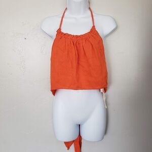 Free People NWOT Women's XS Orange Burlap Halter Crop Top Beachy Boho Bohemian
